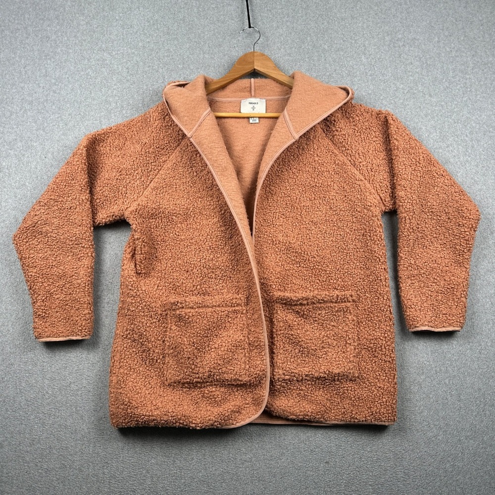 Forever 21 Jacket Womens S Sherpa Fleece Burnt Orange Hooded Open Front Pockets